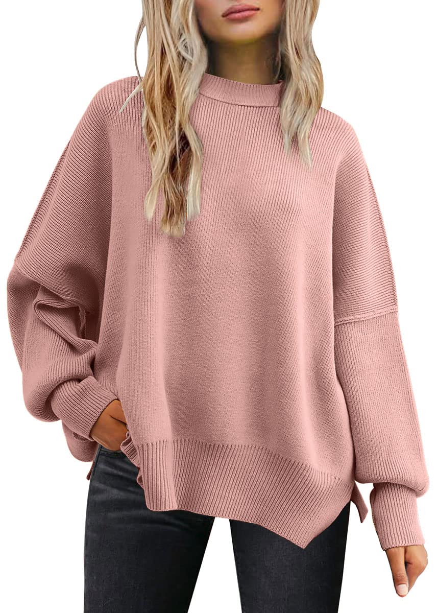 LILLUSORY Women's Crewneck Batwing Long Sleeve Sweater 2023 Fall Oversized Ribbed Knit Side Slit Pullover Top