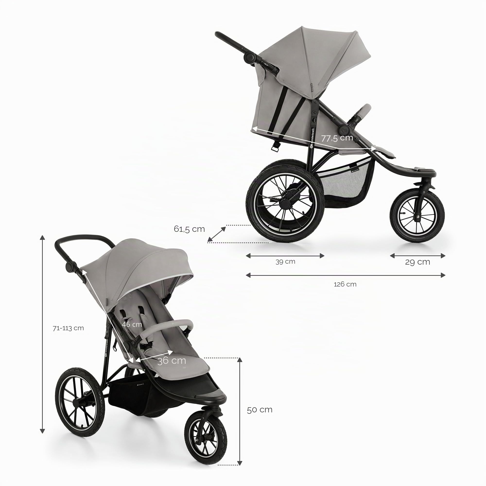 Kinderkraft HELSI 2, Jogger, Silla de Paseo, Para Bebés, 3 Ruedas, Para cada Terreno, Desde el Nacimiento hasta 22 Kg, Rueads Neumaticas, Off Road, Cesta Grande, Gris