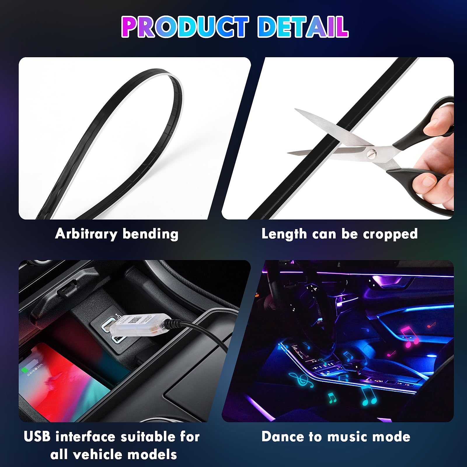 Weinsamkeit Iluminación LED Interior de Coche, RGB Tira Luz de Ambiente Coche Acrílica con 160 LEDs y 3 Métodos de Control Iluminación Interior USB Ambiente Interior Neón Tira de Luces para Coche