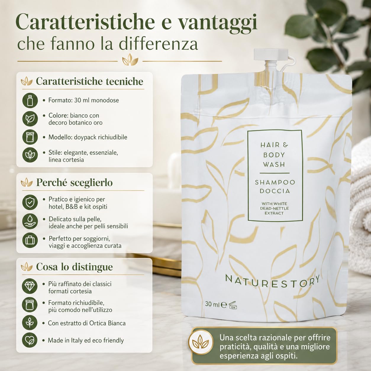 Shampoo Doccia Monodose 30 ml Doypack Richiudibile Linea Cortesia Hotel B&B Estratto Ortica Bianca Delicato Pelli Sensibili Made in Italy Eco Friendly Kit Viaggio Ospiti
