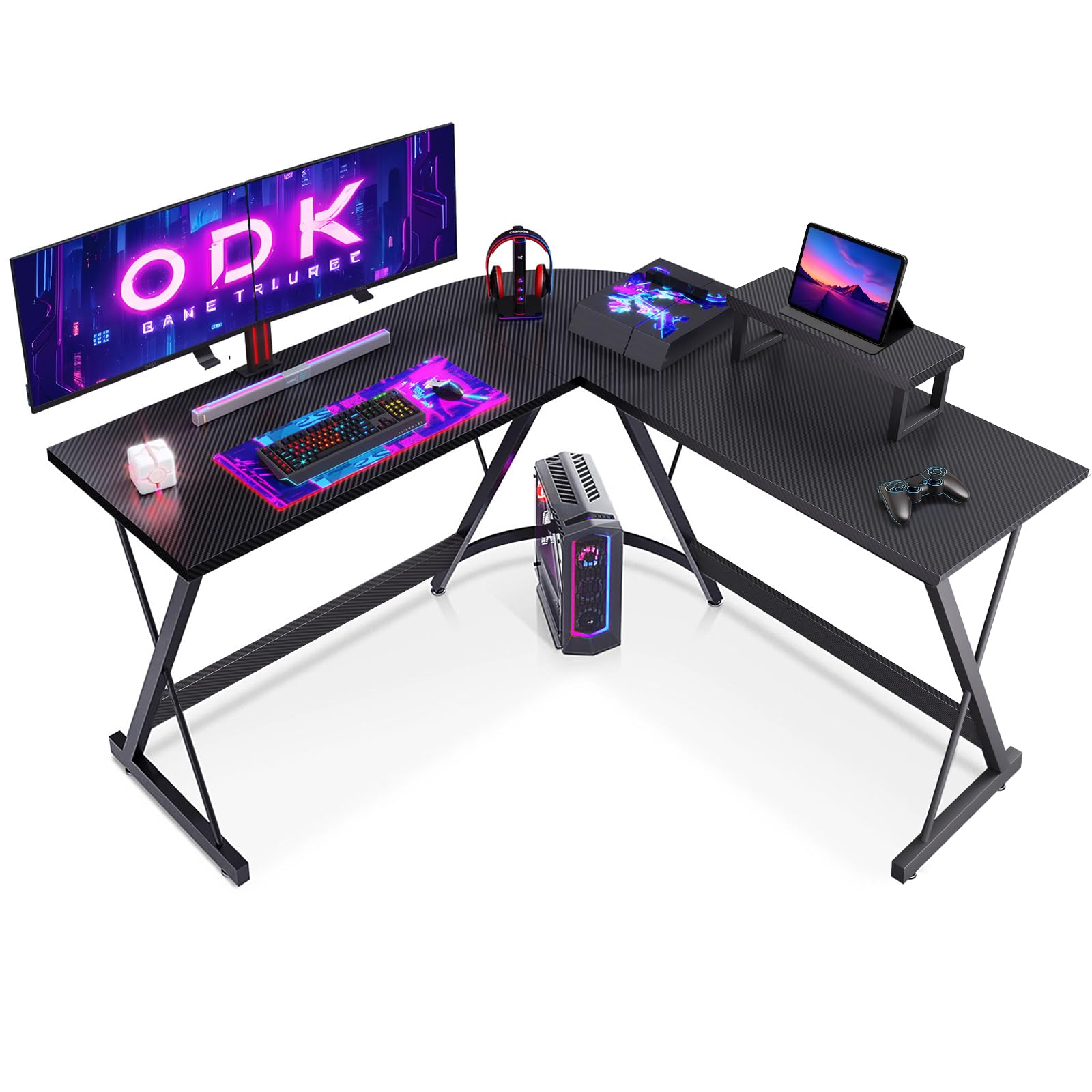 ODK L Shaped Gaming Desk, 127x127 cm Corner Computer Desk with Monitor Stand, Gaming Table with Storage Bag for Gaming, Home, Office, Carbon Fibre Black