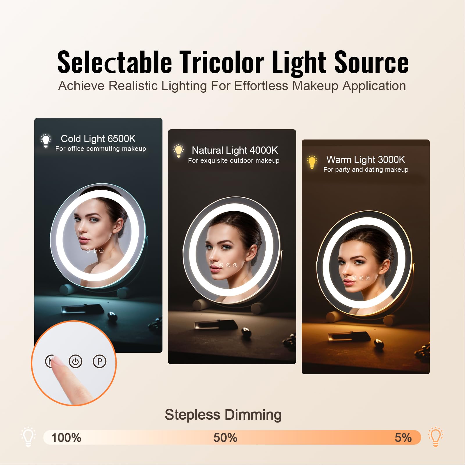 VEVOR Okrągłe lustro toaletowe ze światłami, 3 tryby oświetlenia LED, z 5-krotnym powiększeniem lustra, inteligentne sterowanie dotykowe, obrót o 360°, do stołu sypialnego, 310 x 100 x 320 mm