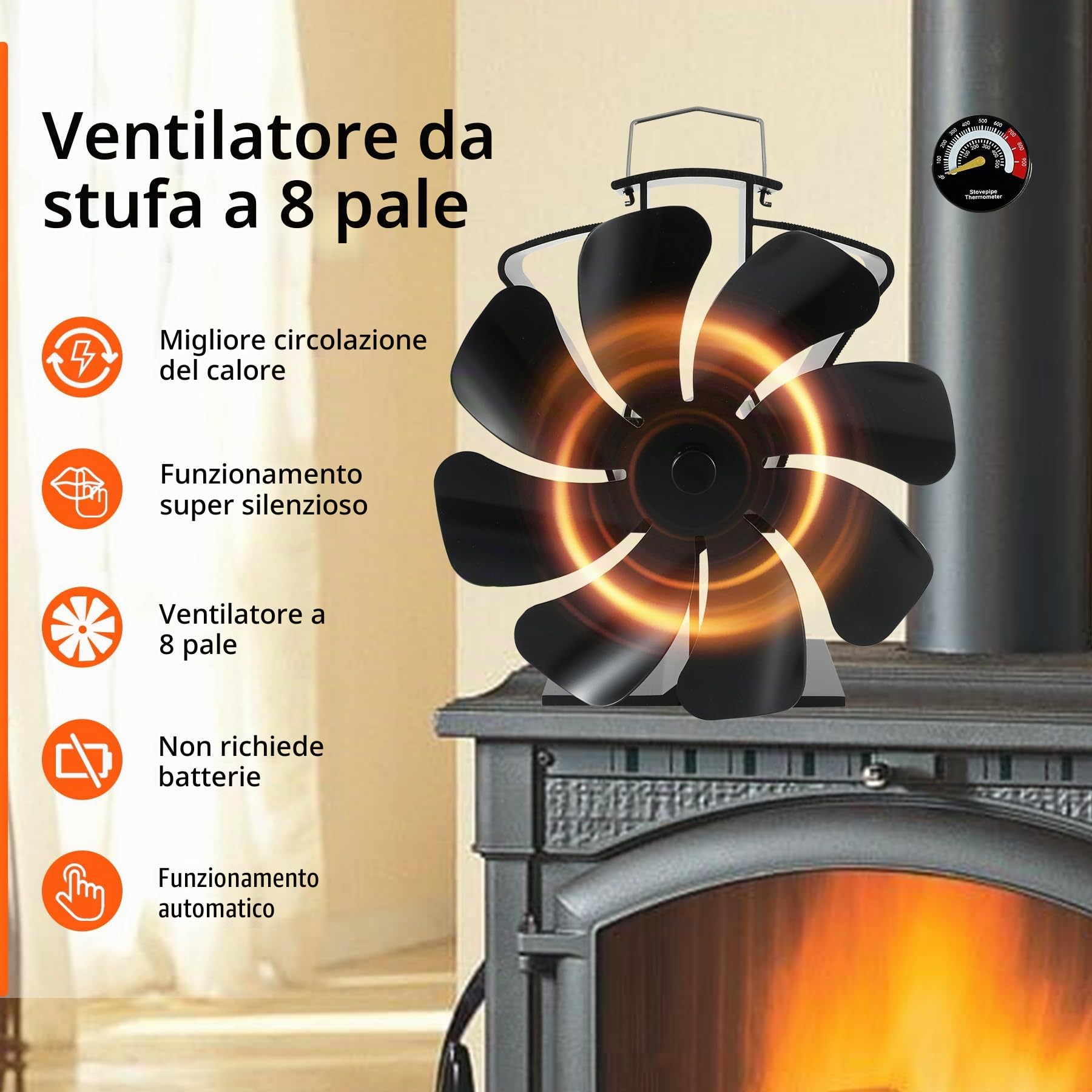 Tomersun Ventilatore da forno a 8 fogli, con termometro, funzionamento silenzioso, per stufa a legno/camino | Efficienza energetica e facile da usare
