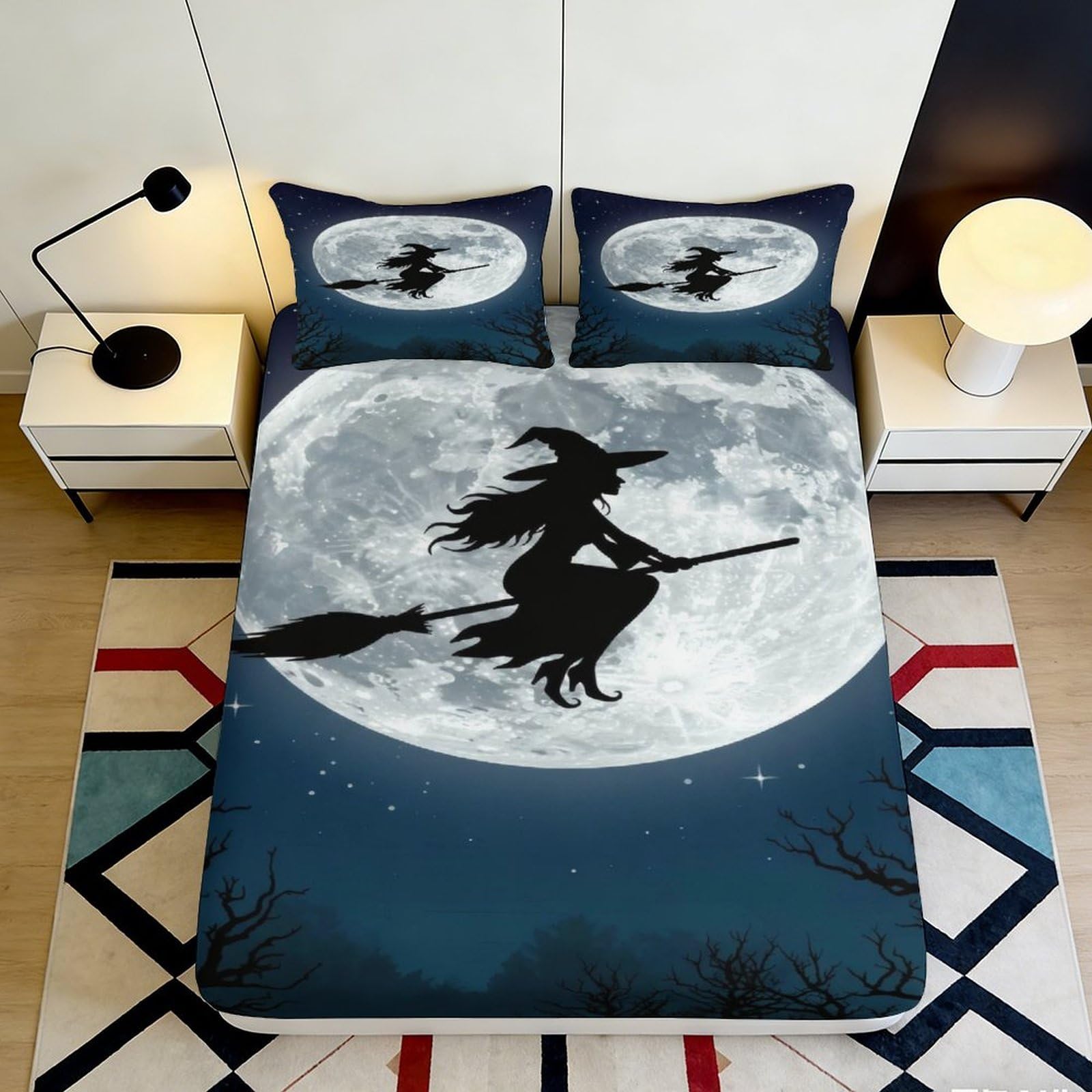 3D Printed Witch Moon Fitted Sheet Microfiber Soft Dark Night Sky Bed Cover for Bedroom Dorm Mattress Decor 90x200x25cm