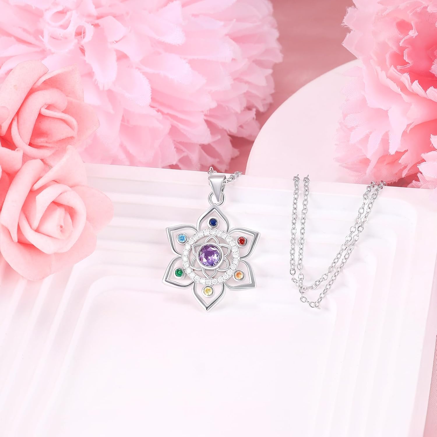 Lotus Necklace for Women Sterling Silver Chakra Flower Pendant Necklace 7 Colorful CZ Lotus Necklace Rainbow Jewelry Birthday Valentine's Day Gifts - Image 2