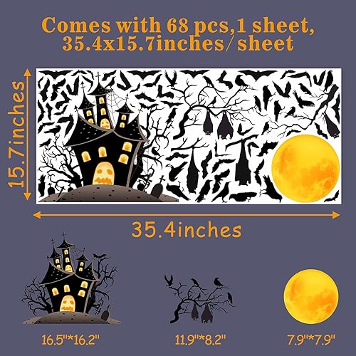Miniatura 4 de Calcomanías de pared de murciélago de Halloween, ramas de árbol, calcomanías de pared extraíbles para Halloween, castillo, luna, murciélago,