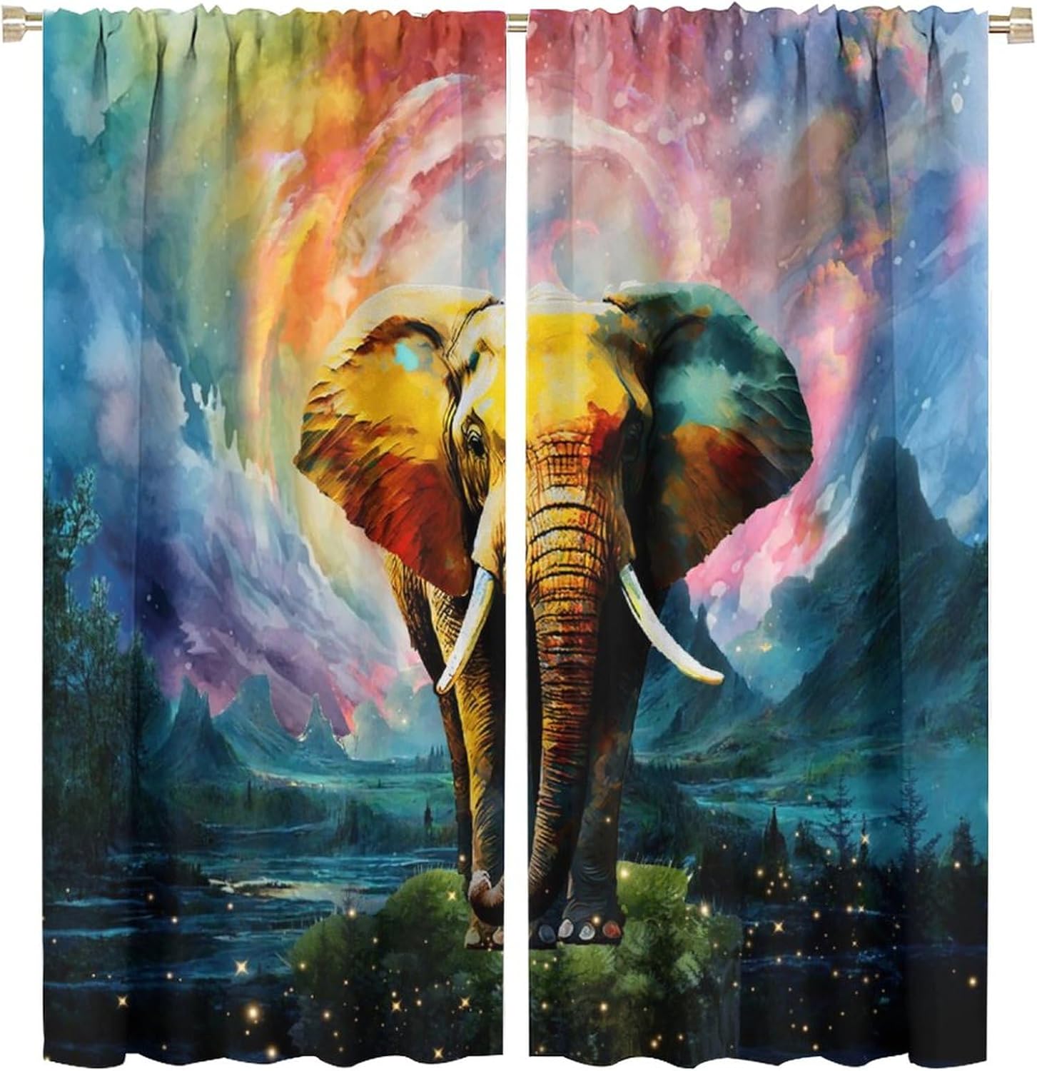 Rustic Wildlife Elephant Curtains for Living Room, Fantasy Galaxy Watercolor Nature Landscape Animal Elephant Rod Pocket Thermal Insulated,Window Drapes 2 Panels 72" L x 31.5" W