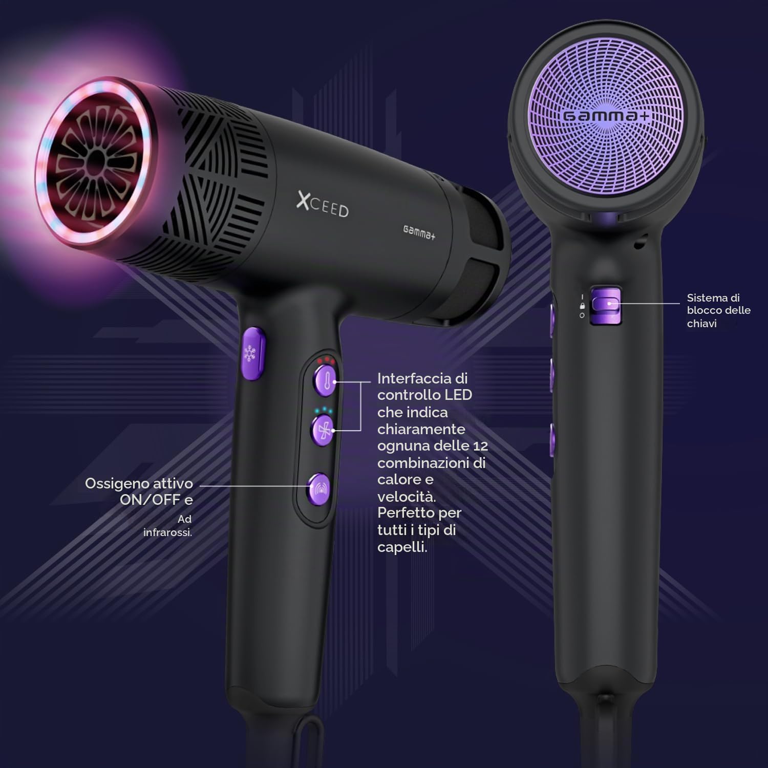 Gamma+ XCEED Asciugacapelli Professionale con Ossigeno Attivo, Infrarossi e Ioni Negativi | Phon Leggero 300 gr | Asciugatura Rapida | Anti-Crespo | Styling da Parrucchiere a Casa | Design Italiano