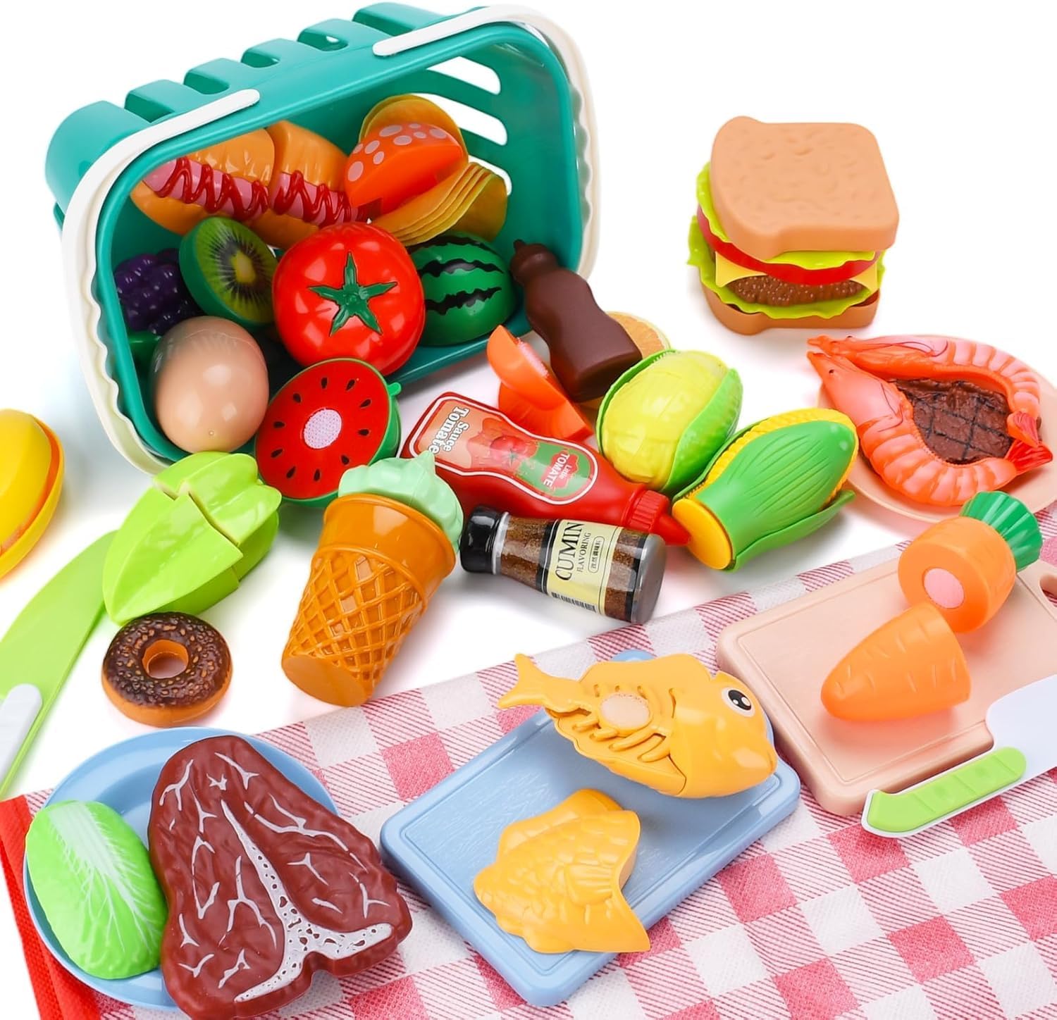 Accessoire Cuisine Enfant,85pcs Dinette Enfant Ustensile Cuisine Enfants,Cuisines Enfants Ensemble,Jeu de Role de Chef Kit Cuisines avec Panier Pique Nique,Cadeau Fille Garcon 3 4 5 6 7 Ans