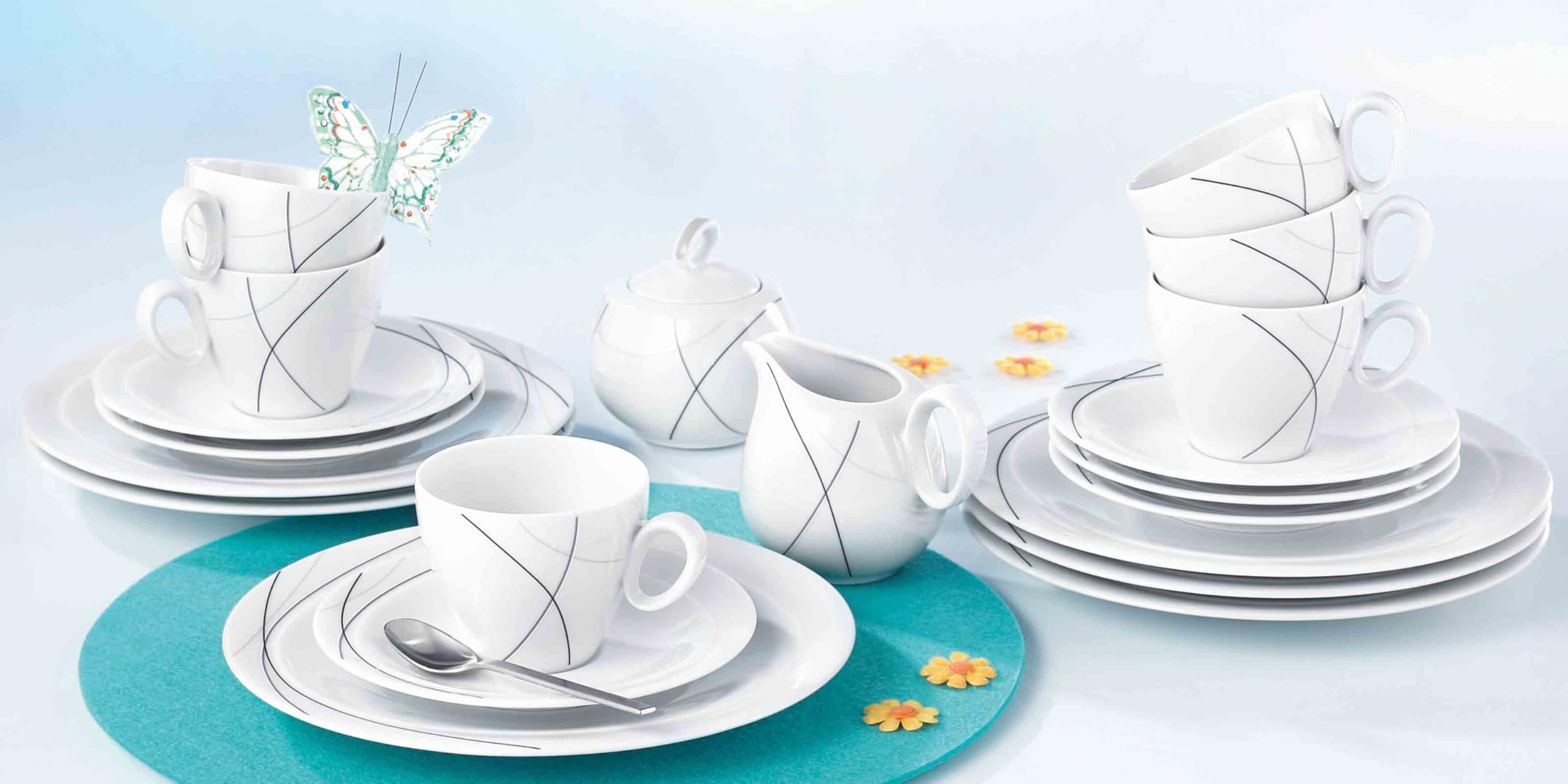 Seltmann Weiden Trio Highline Brotteller 6er Set, 20 cm, Kleine Beilagenteller mit schwarz-grauen Linien, Spülmaschinen- und Mikrowellenfest, Porzellan, Weiß