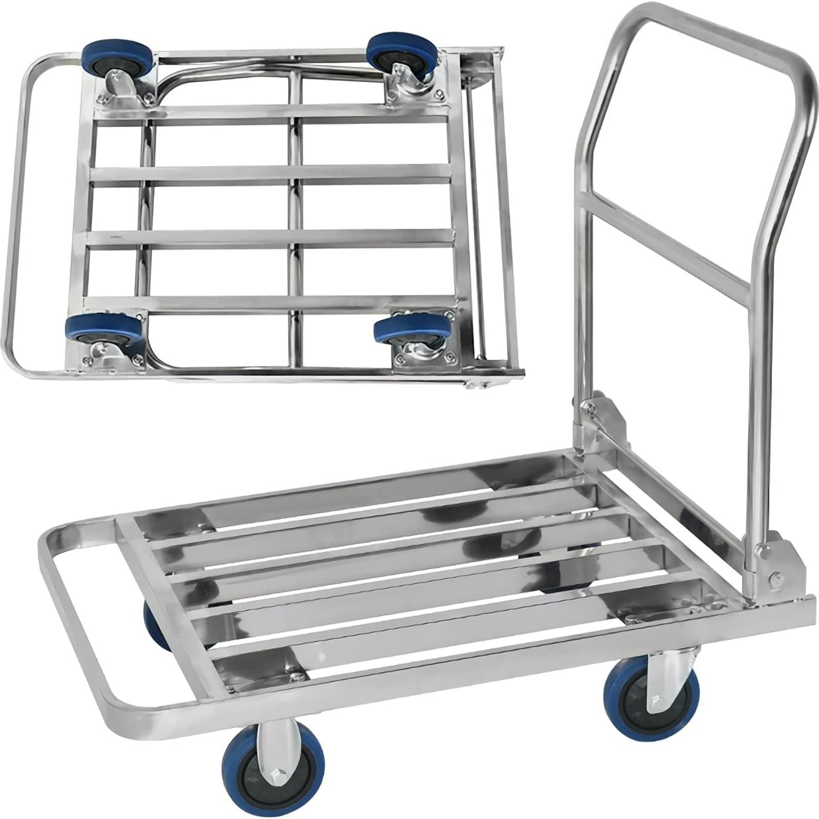 plattformwagen Zusammenklappbarer Plattformwagen aus Edelstahl mit quadratischem Rohr, flaches Dolly-Gummirad, das for Lagerlebensmittel verwendet Wird