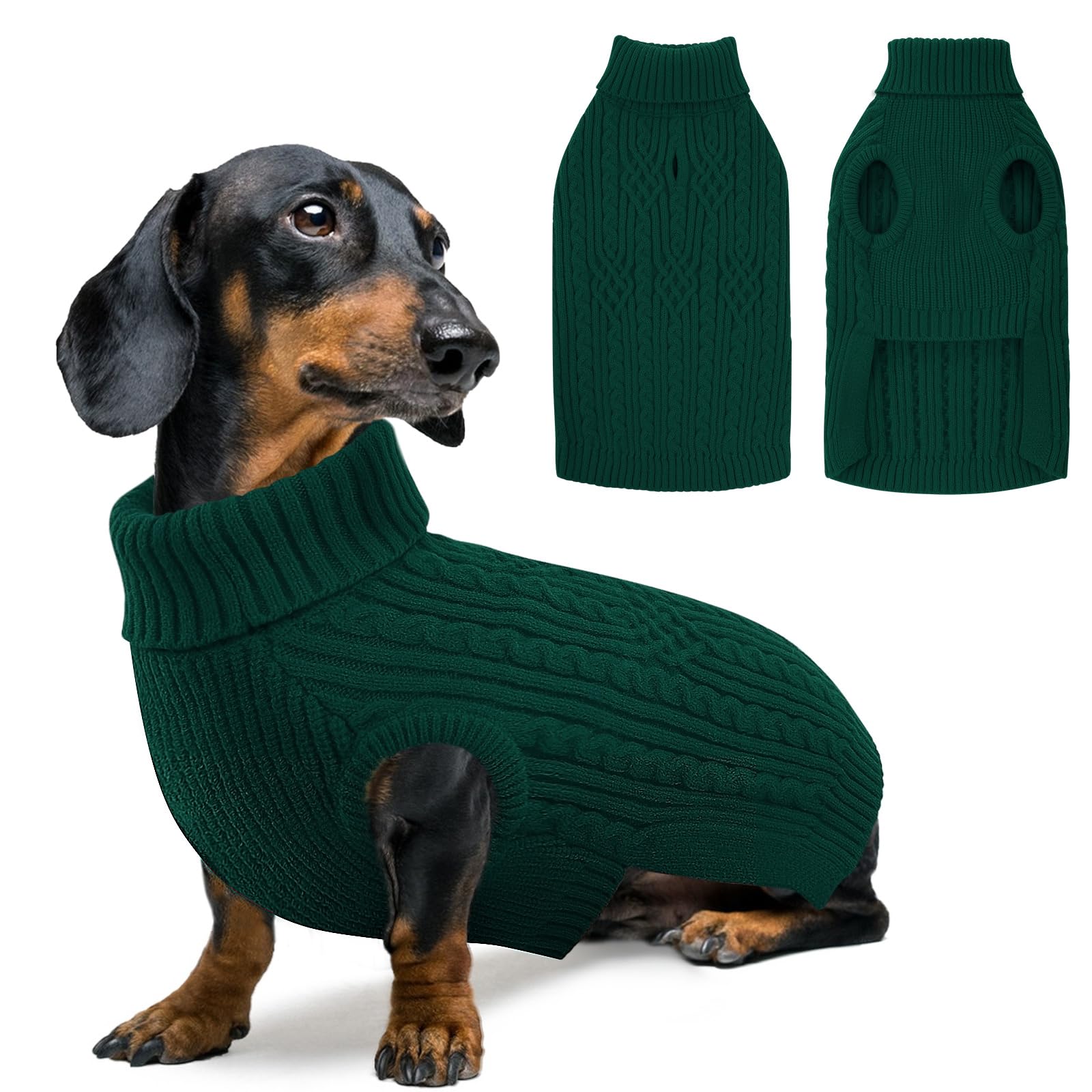 AOFITEE Small Dog Jumper, Dog Jumpers for Small Dogs Girls Boys, Turtleneck Warm Christmas Dog Jumper with Harness Hole, Thermal Puppy Knitted Jumpers Knitwear Clothes for Dachshund, Green S