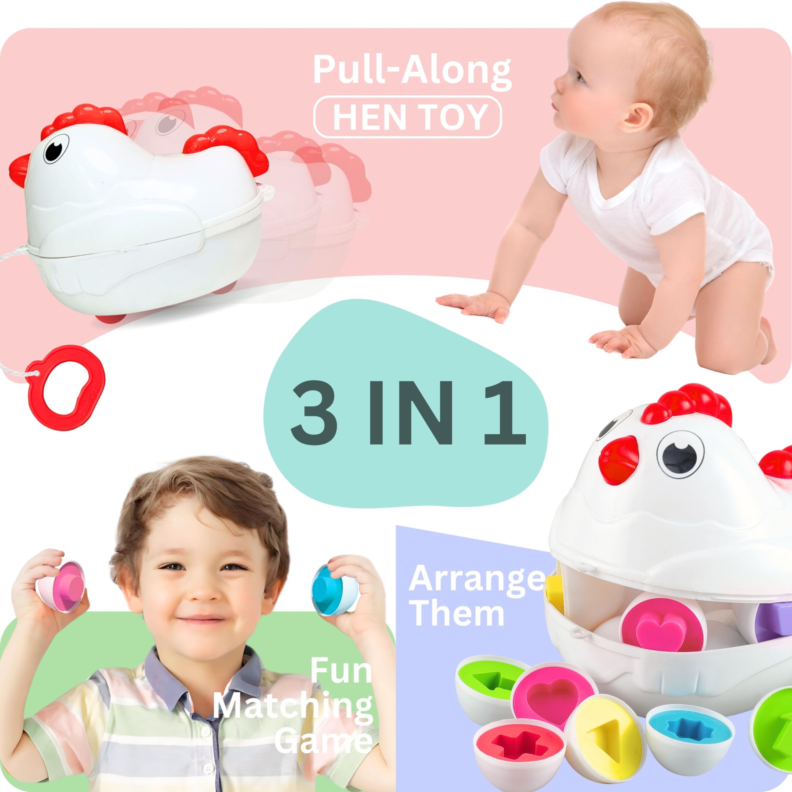 Kids First Step Matching Shapes Eggs | Activity Toy for Babies | 12 Multicolor Eggs | Educational Game for Toddler & Preschool Kids | Pull-Along Hen Toy with Wheels 1