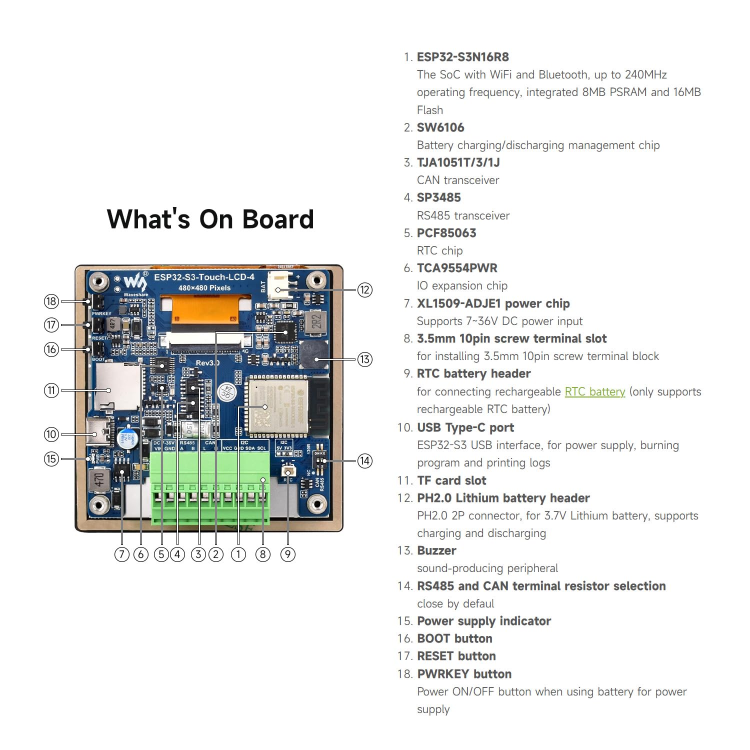 Waveshare ESP32-S3 4inch Capacitive Touch Display Development Board, 480×480, 5-Point Touch, 32-Bit LX7 Dual-Core Processor, Up To 240MHz Frequency, Supports WiFi, With Onboard Antenna