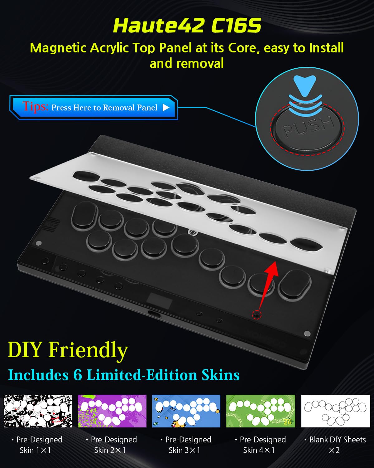 Semaiki Arcade Stick, C16S Arcade Controller mit Turbo und benutzerdefiniertem RGB, Arcade Fight Stick für Switch/PC/PS4/PS3, unterstützt Hot-Swap und SOCD