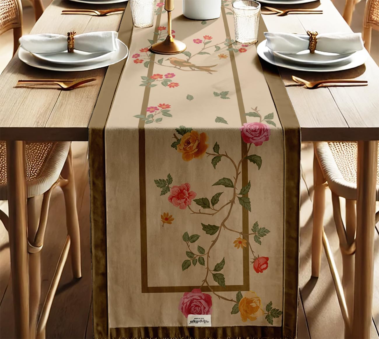 Premium Cotton Table Runner - Lightweight Double Layer - Border Design - Machine Washable Farmhouse Table Decor - Floral