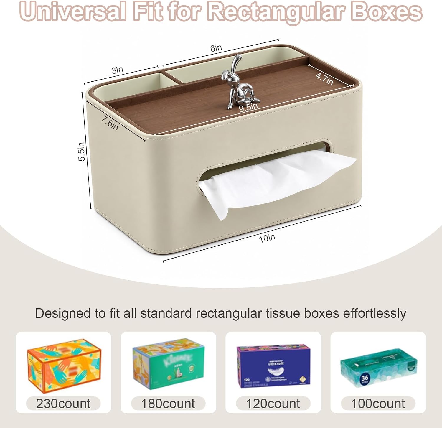PU Leather Rectangle Tissue Box Cover with Storage Organizer, White image 4