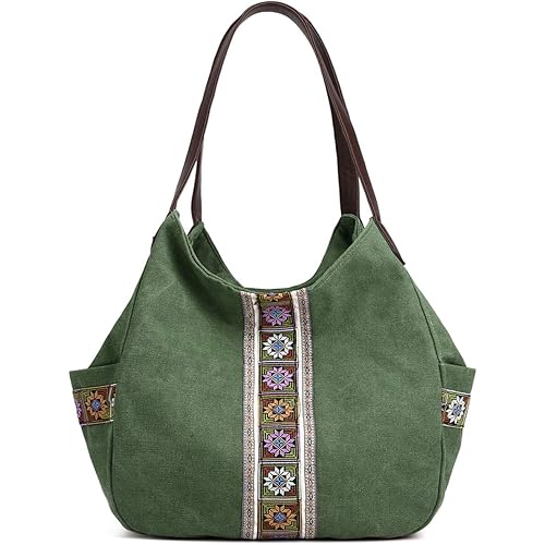 Worldlyda Women Canvas Hobo Purse Multi Pocket Tote Shopper Shoulder Bag Casual Top Handle handbag with Embroidery Ethnic