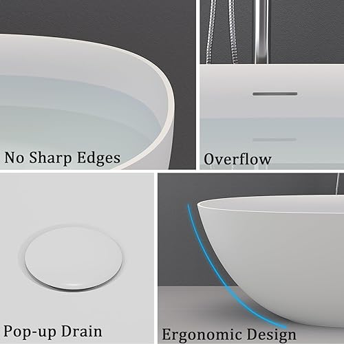 Miniatura 6 de ARTSTONE Bañera independiente de resina de piedra de 55 pulgadas, bañeras independientes con forma de huevo de borde delgado con desbordamiento y