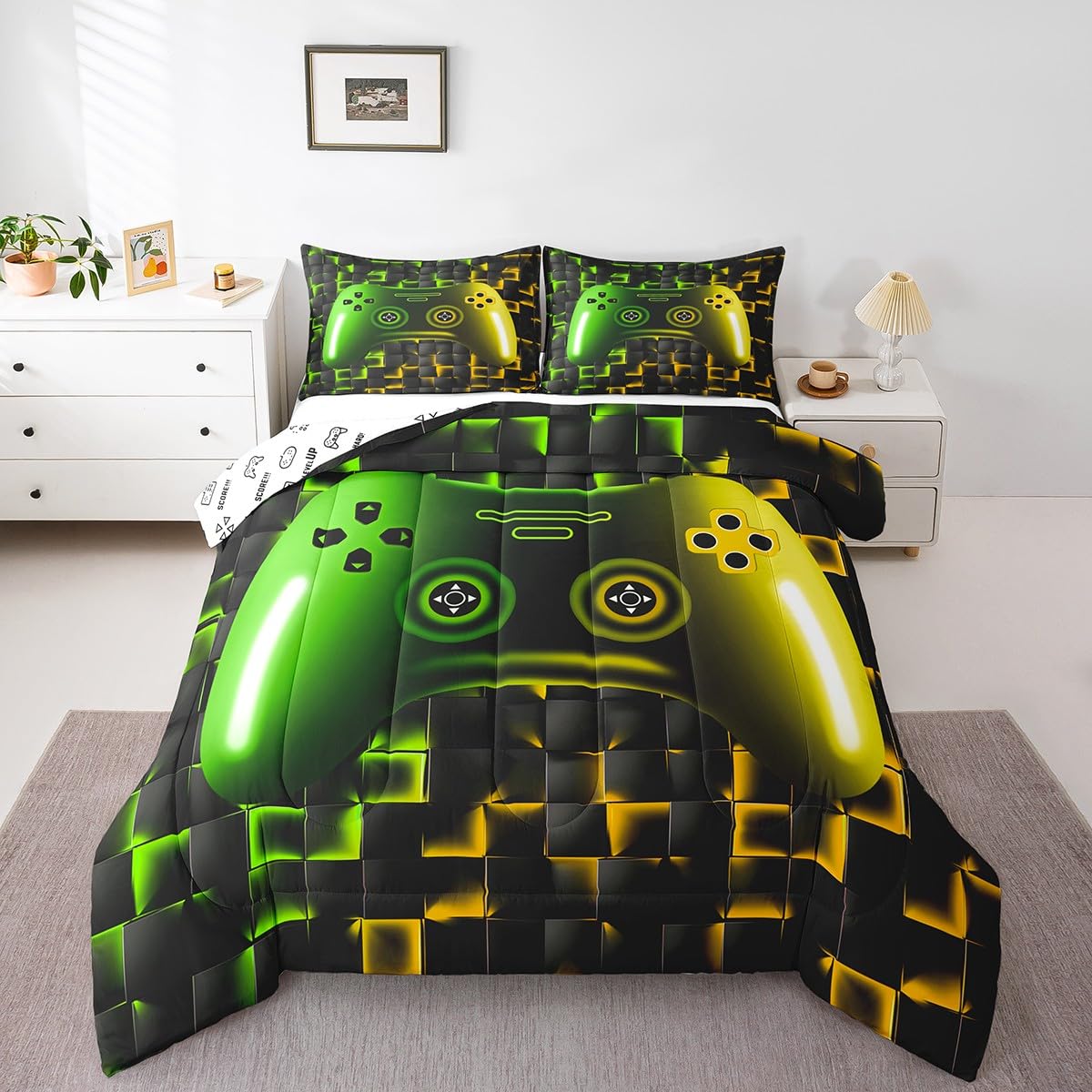 Erosebridal Gamer Comforter Sets for Boys,Twin Size Bedding Sets for Boys Girls Kids 3D Gaming Geometric Comforter,Game Console Lightweight Microfiber