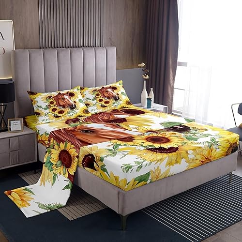 Miniatura 3 de Manfei Juego de sábanas de caballo tamaño King, juego de ropa de cama de girasol amarillo para decoración de habitación de niños y niñas, juego de