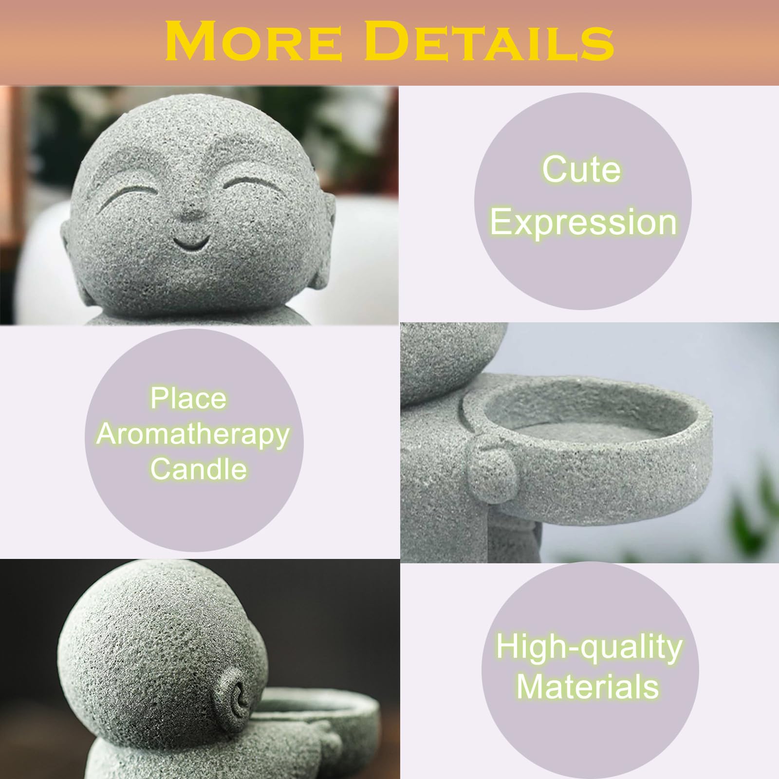 Sandstone Buddha Statue Candle & Incense Cone Holder, Small Jizo Figurine for Home Decor, Tiny Buddha Zen Monk Tealight Holder for Desk, Shelf or Nightstand, 3.5" H Mini Stone Decor Gift
