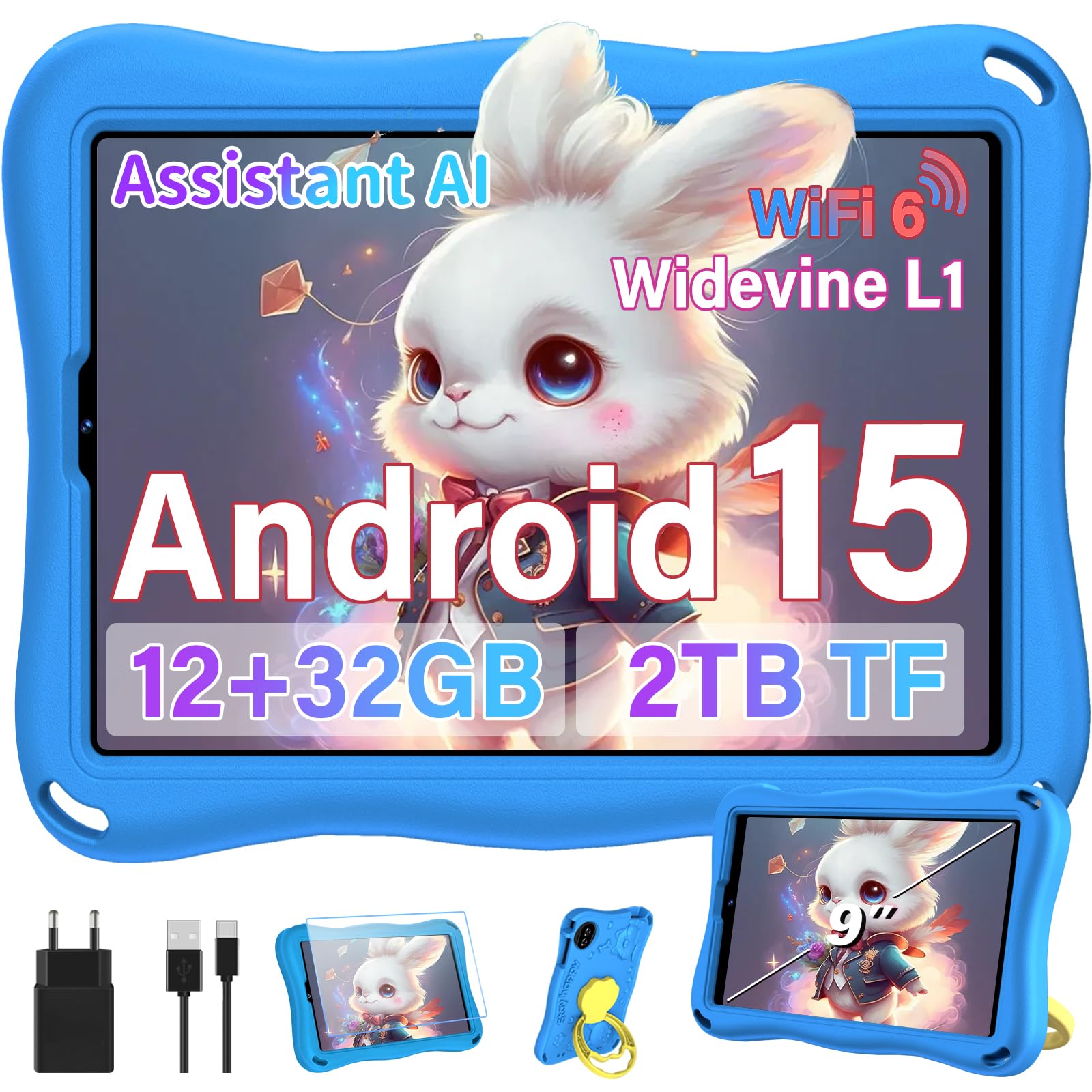 Tablet para niños 9 pulgadas Android 15 12 GB RAM 1 TB TF 5G WiFi Widevine L1 Octa-Core 5000 mAh control parental funda Eva Azul