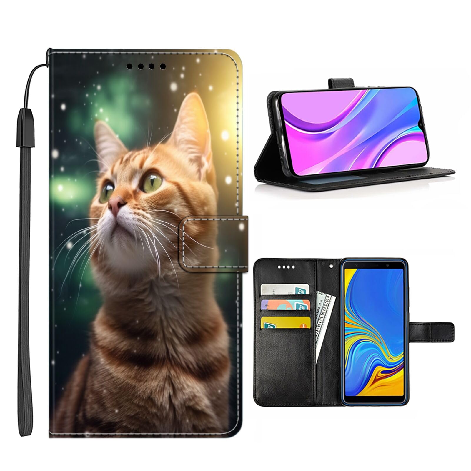 Wallet Case Suitable for LG K50 Cat Print-aa303 Mobile Phone Holder Beautifully Printed with Card Holder PU Leather Magnetic Stand Shockproof Wrist Strap with Flip Cover