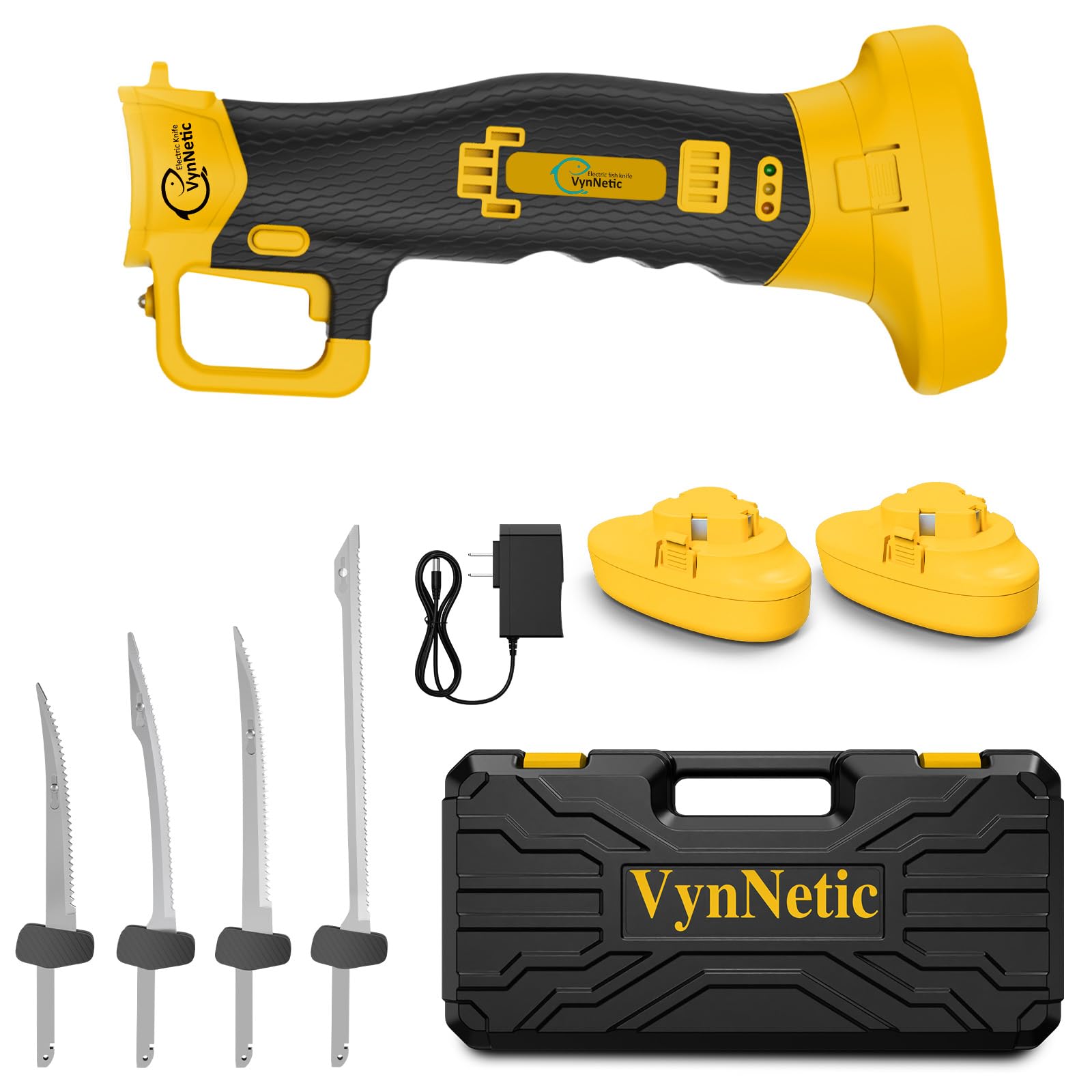 VynNetic Electric Fillet Knife for Fish with 4 Stainless Steel Blades & Ergonomic Non-Slip Grip Handle, Cordless Electric Knife with 2 Rechargeable Batteries, Charger and Case for Fishing