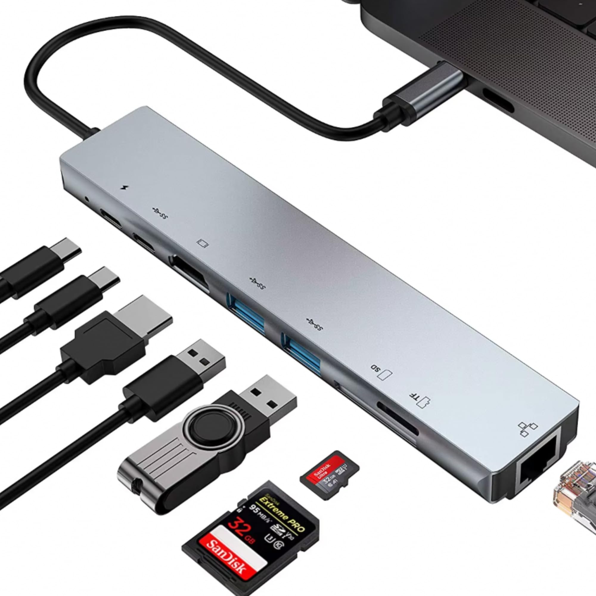 Hub USB C 8 En 1 Con HDMI 4K, Ethernet Y Carga PD 100W | Compatible Con MacBook, IPad, Surface, Galaxy