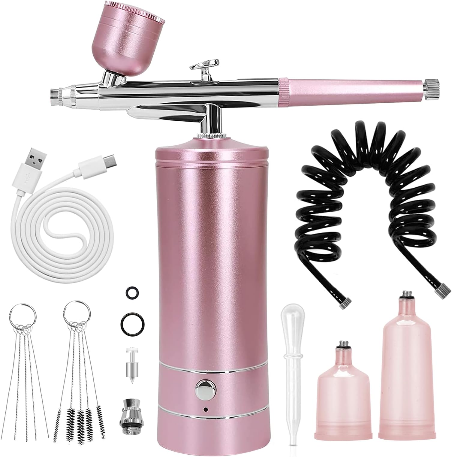 Airbrush Kit Air Brush Kit With Air Compressor Nail Charms Wireless Air Brush for Barber, Nail Art, Cake Decor, Makeup, Model Painting (Pink - with extension tube)
