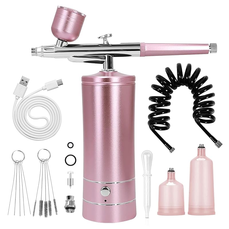 Kit de aerógrafo crpen com compressor de ar, sem fio, para nail art, maquiagem e pintura de modelos, rosa com tubo de extensão