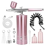 Airbrush Kit Air Brush Kit With Air Compressor Nail Charms Wireless Air Brush for Barber, Nail Art, Cake Decor, Makeup, Model Painting (Pink - with extension tube)