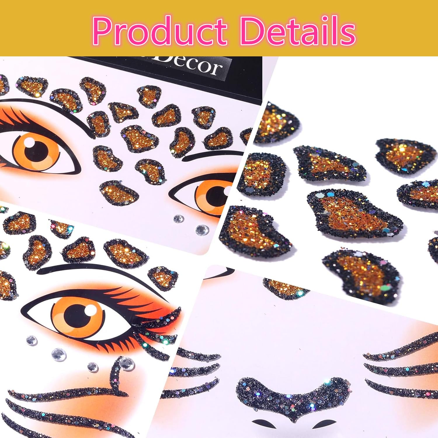 9 Sheets Glitter Animal Face Stickers Sparkling Eye Art Stickers Decals with Crystals Gems for Cosplay Make Up Party Decoration Supplies - Image 3