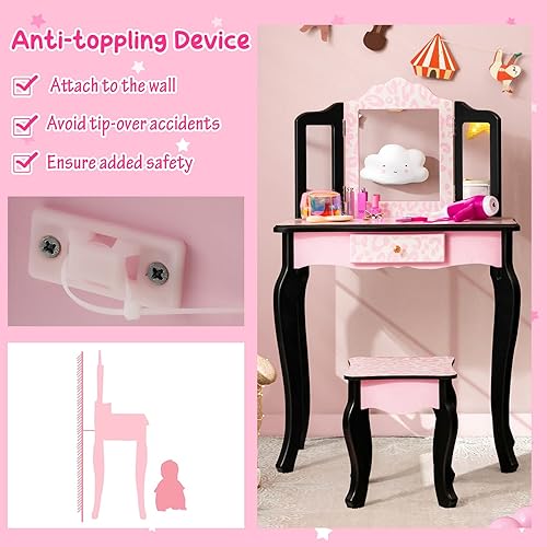Miniatura 14 de Costzon Juego de mesa de tocador y silla para niños con espejo, taburete, cajón de almacenamiento, tocador de madera de princesa para niñas