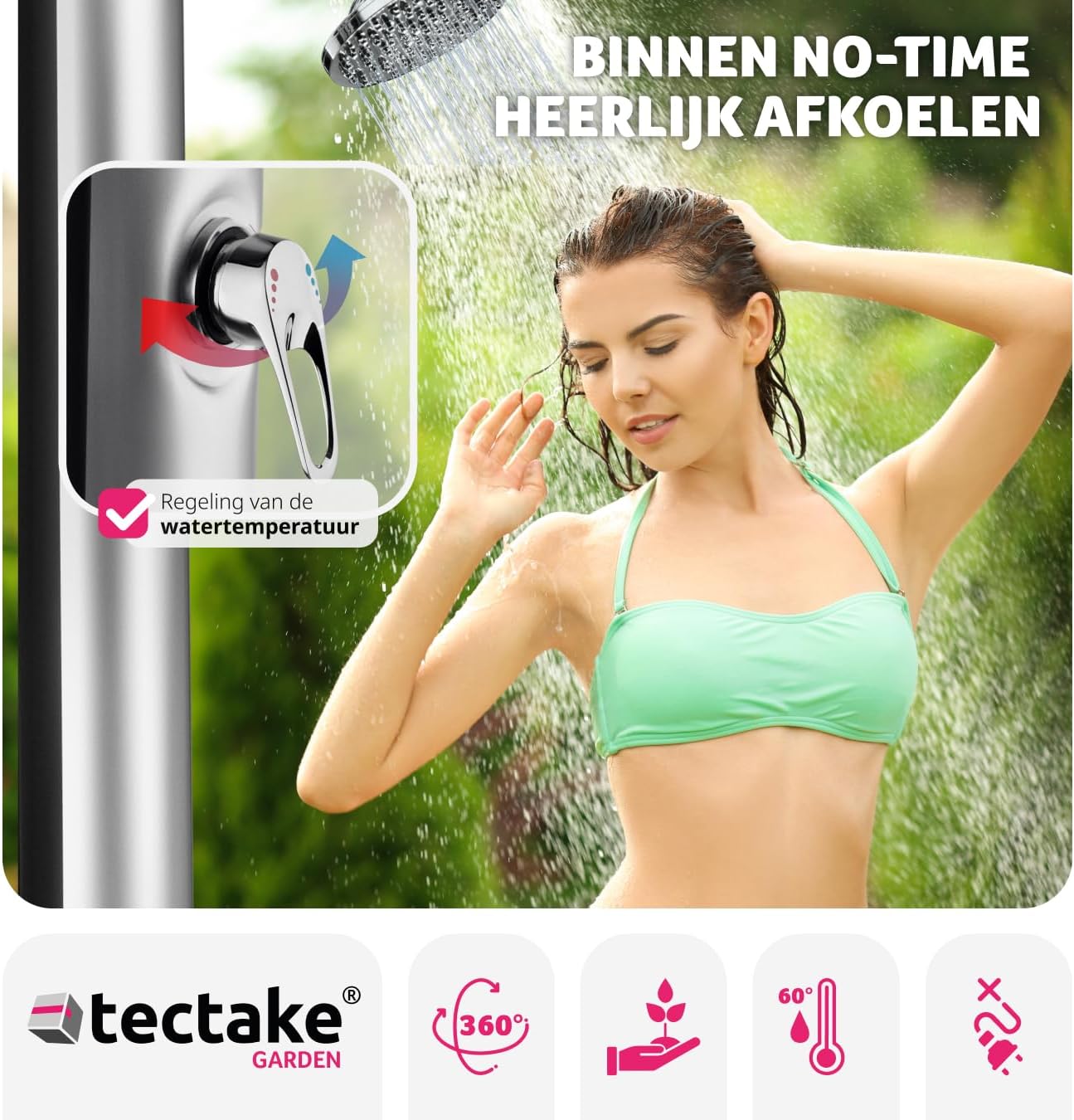 Woman adjusting the mixer tap on the tectake Solar Shower, showing temperature control