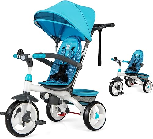 Miniatura 8 de HONEY JOY Triciclo, cochecito 4 en 1 para niños con asa de empuje ajustable y toldo, asiento reversible, cinturón de seguridad, pedal plegable,
