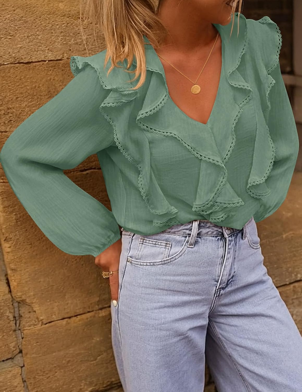 MEROKEETY Women's Fall Long Sleeve Ruffle Blouse Dressy Casual Top V Neck Trendy Business Work Shirts 2025 - Image 3