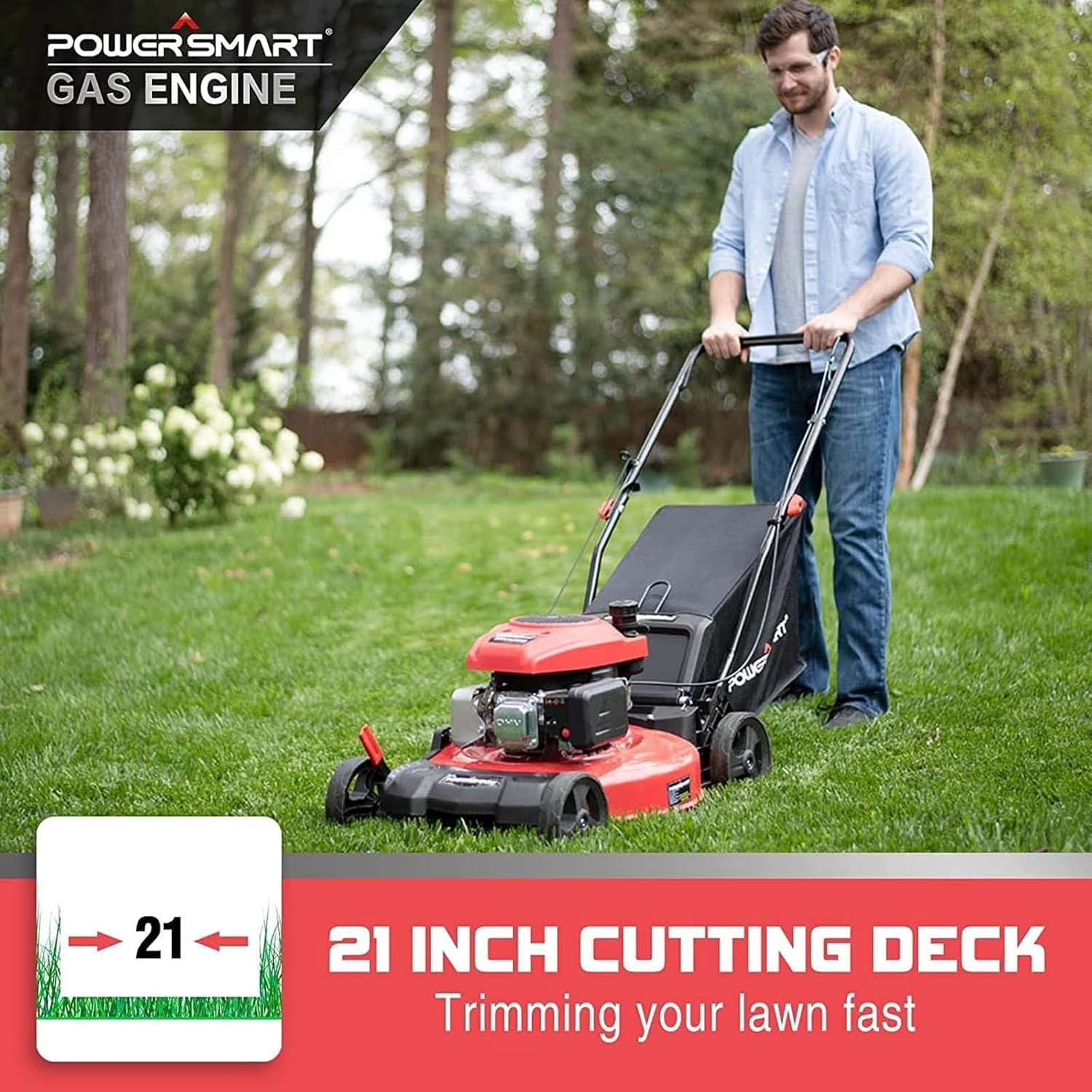 review 21 Inch 3-in-1 Engine Gas Powered Push Lawn Mower, 209CC 4-Stroke Engine with Bag, 5 Adjustable Cutting Heights, Ease of Storage, Red & Black