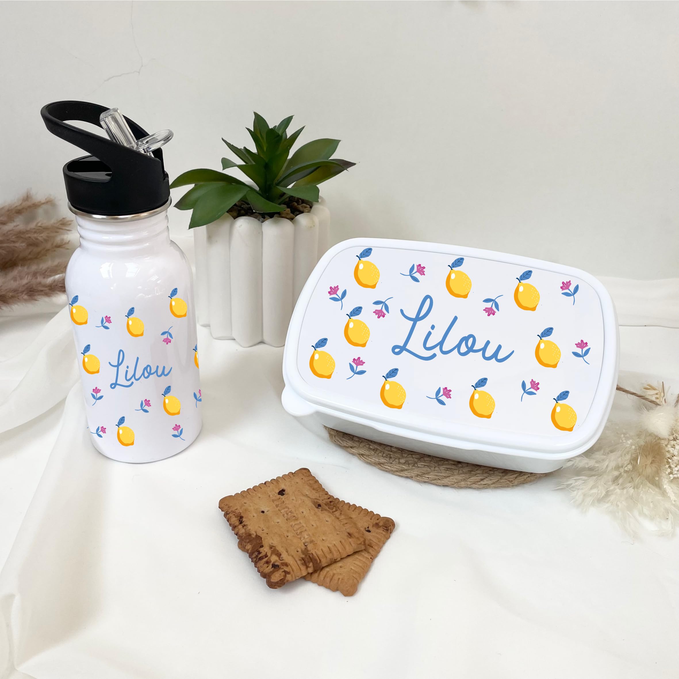 Ensemble gourde + boîte à goûter - école et centre aéré, pique nique enfant, gourde personnalisé, lunchbox personnalisé, gourde prénom enfant (Gourde + Boîte à goûter, Citron)
