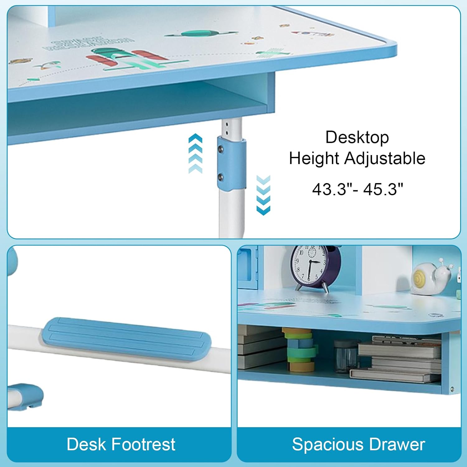 Kids Desk and Chair Set, Height Adjustable Kids Study Desk for Bedroom Students Table and Chair Set with Bookstand Children Study Table for 3-16 Boys and and Girls, Home School, Arts, Drawing (Blue)