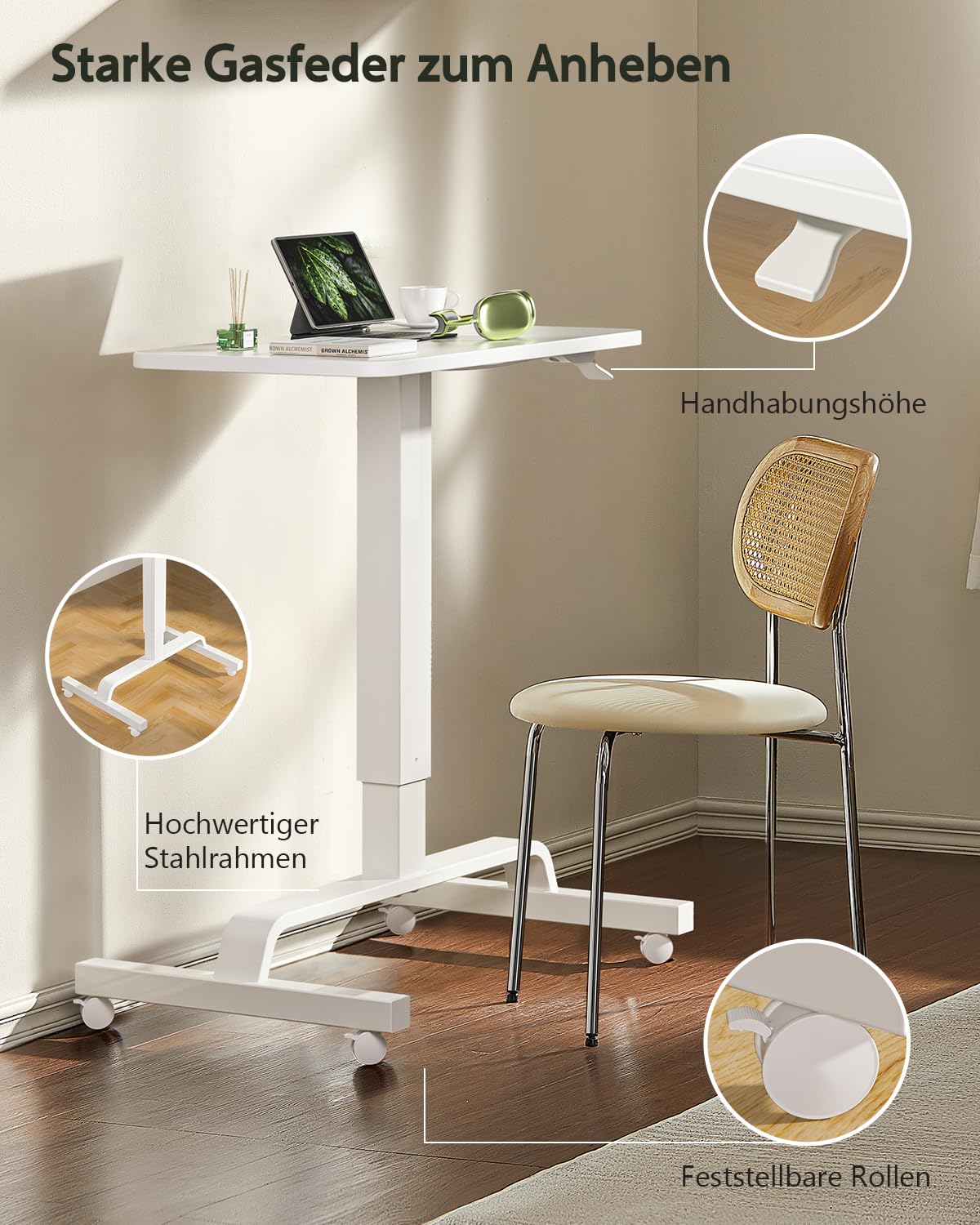 WALKINGDESK Stehpult Höhenverstellbar Schreibtisch mit 4 Rollen, Mobiler Stehtisch 60 x 40cm, Kleiner Laptoptisch höhenverstellbarer, Pneumatisch Beistelltisch für Sofa Bett Wohnzimme, Weiß
