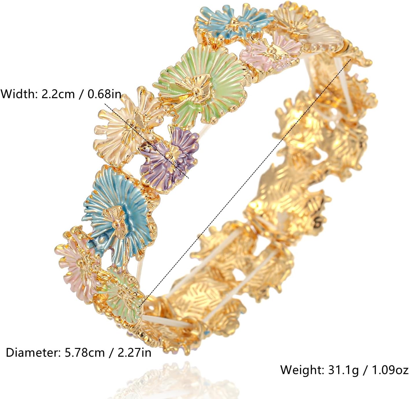 LUREME 3D Enamel Daisy Stretch Bracelet, Lavender Blue & Pastel Floral Cuff, Gold Tone Elastic Bangle, Cute Spring Jewelry Gift for Women(bl003636)