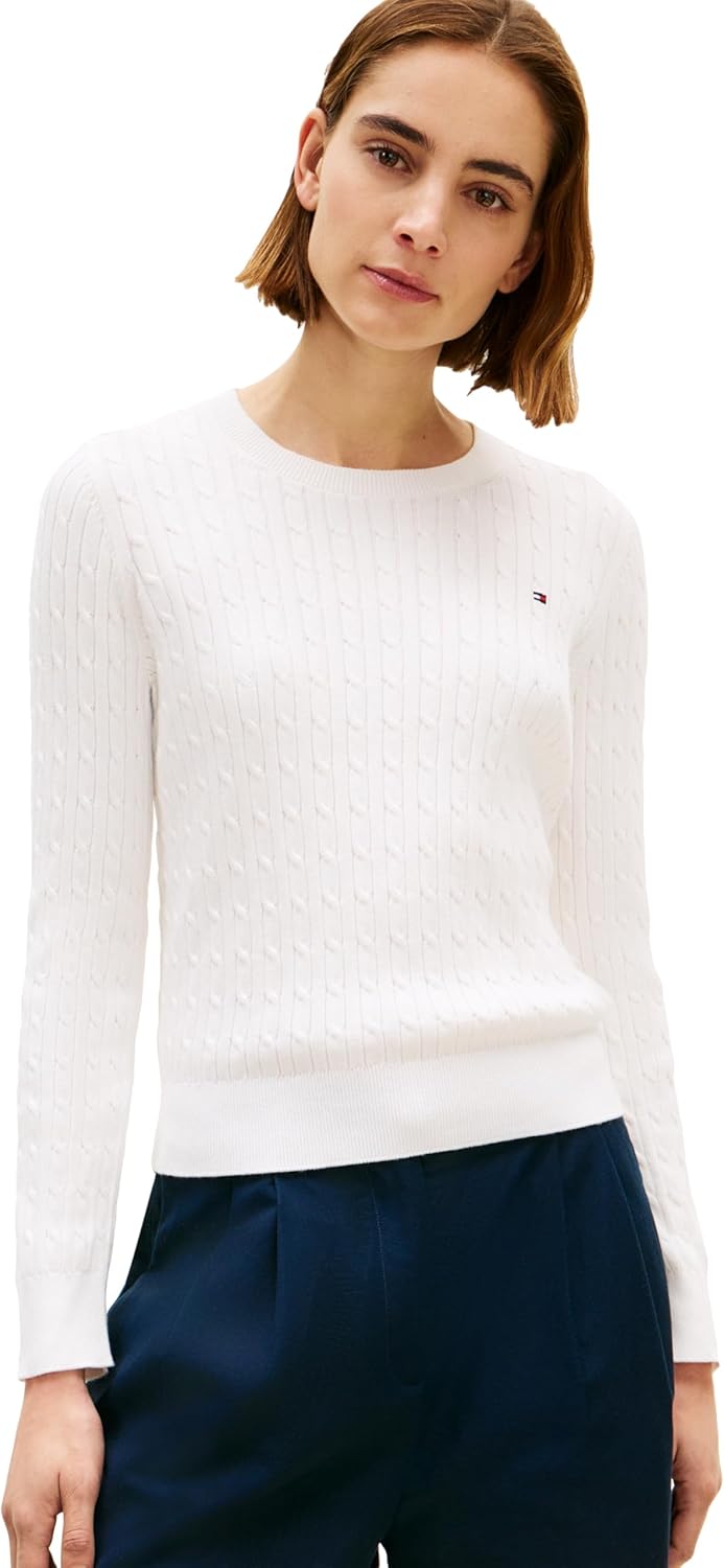 Tommy Hilfiger Women's Cable Knit Crew Neck Sweater Lightweight Pullover