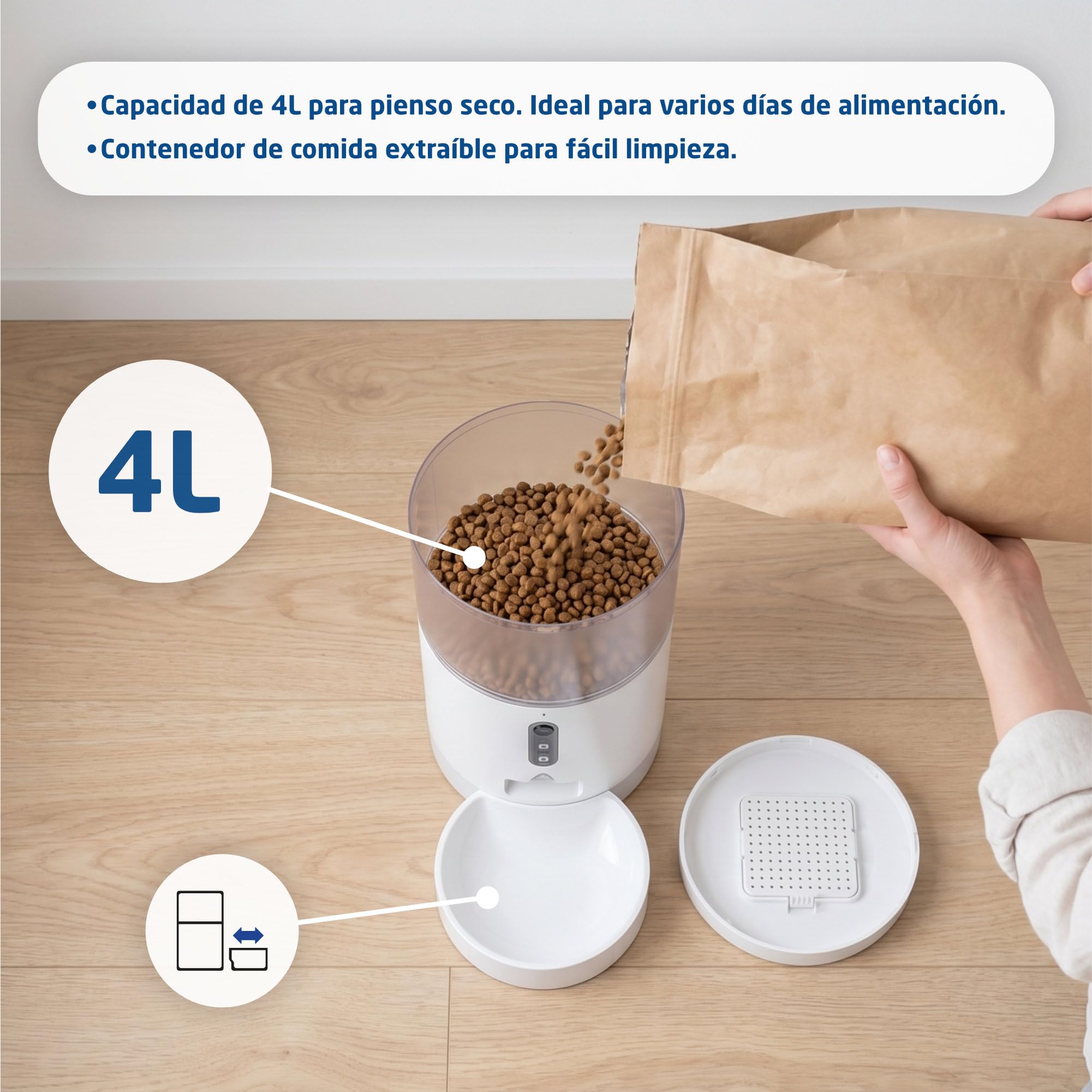 Comedero automático - 4 litros -Cámara 3MP, WiFi y App - Programación de Comida, Audio bidireccional, visión Nocturna, Carga USB-C o Pilas. para Gatos y Perros - Limpieza fácil. Mod. PF-BL4