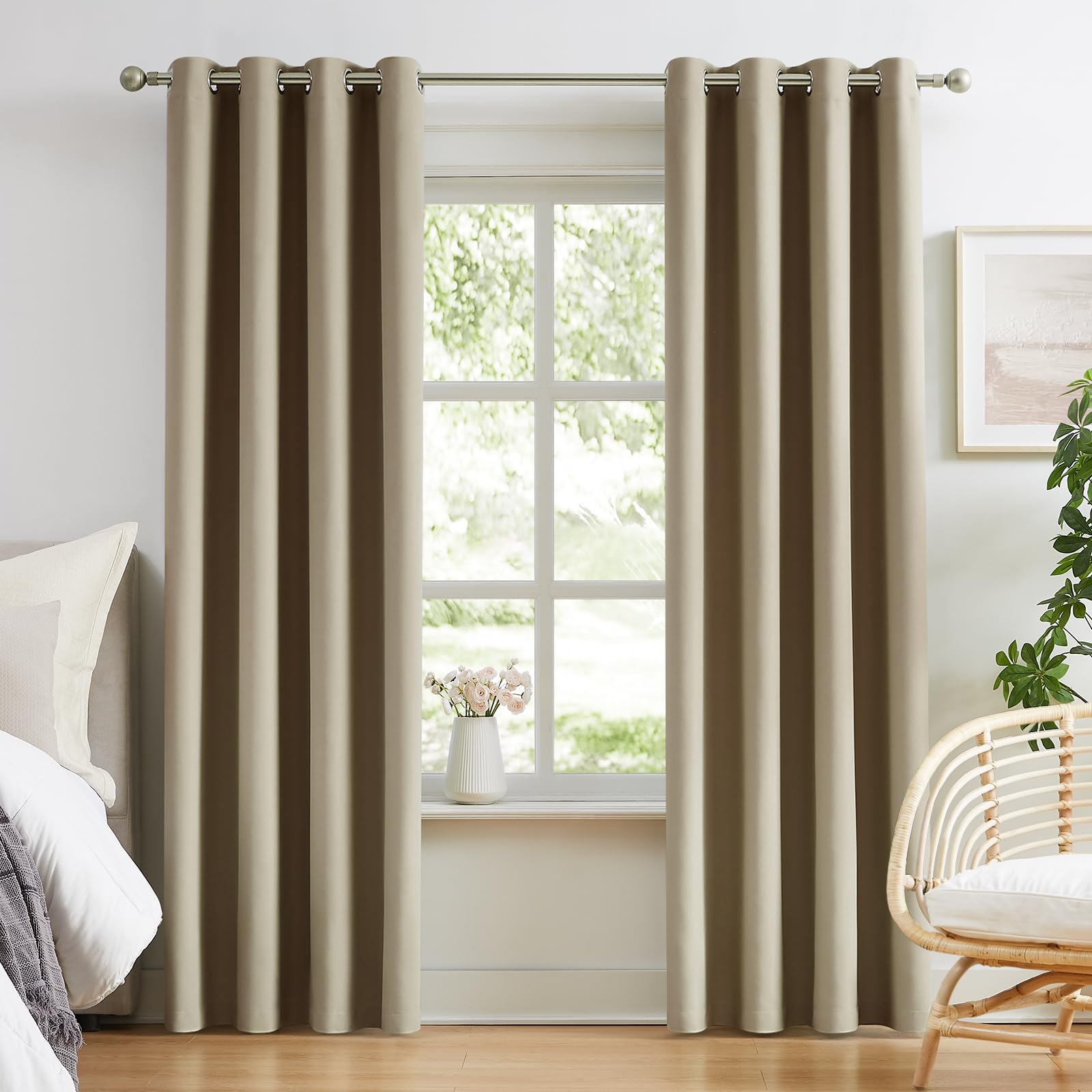 Rideaux occultants thermiques en coton beige Melodieux 132x213cm pour chambre et salon