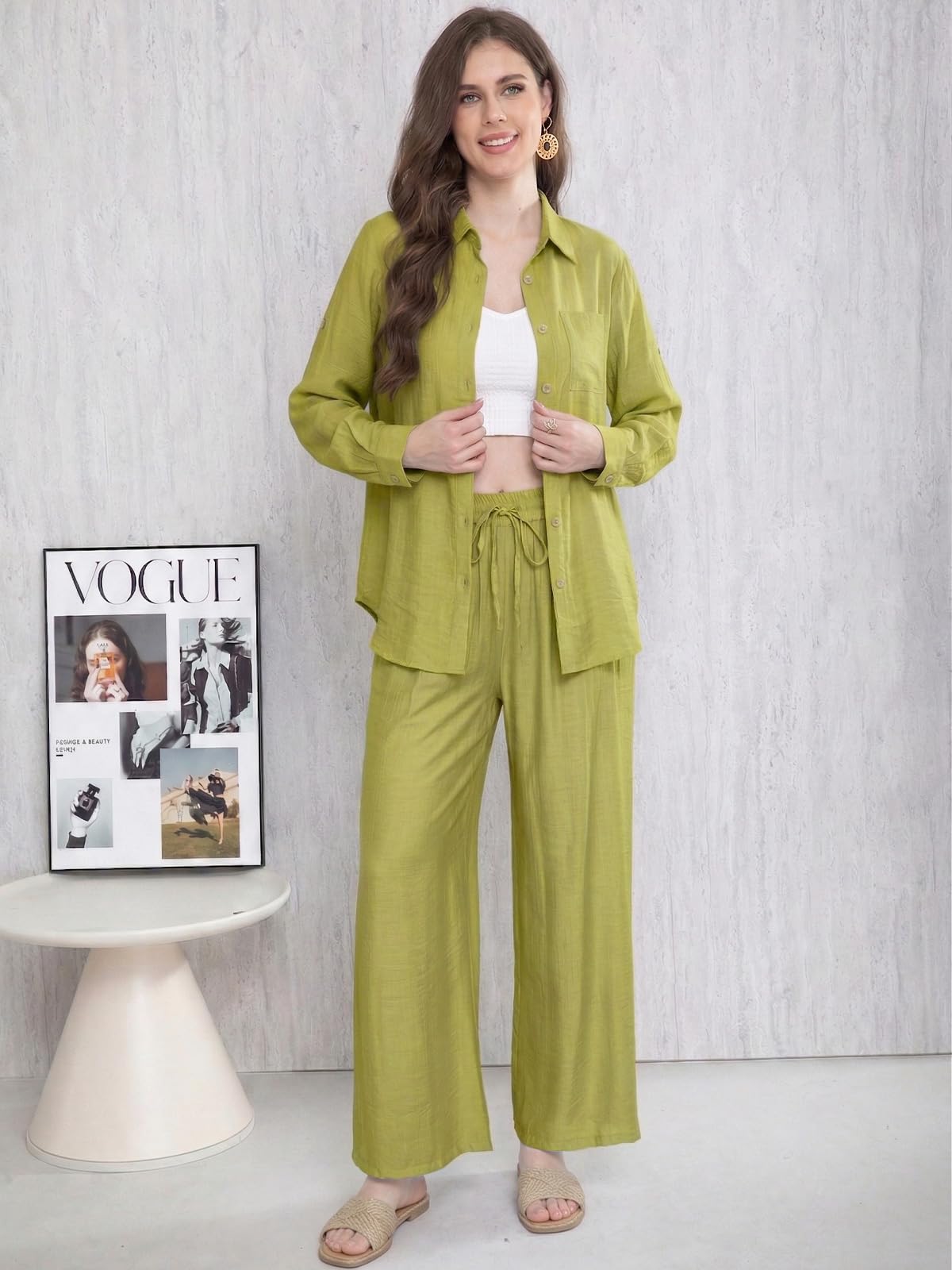 Adigaber Survêtement à Manches Longues pour Femmes Ensemble Deux Pièces Chemise Boutonnée et Ample Taille Haute Jambe Large Cordon de Serrage Pantalons avec Poches