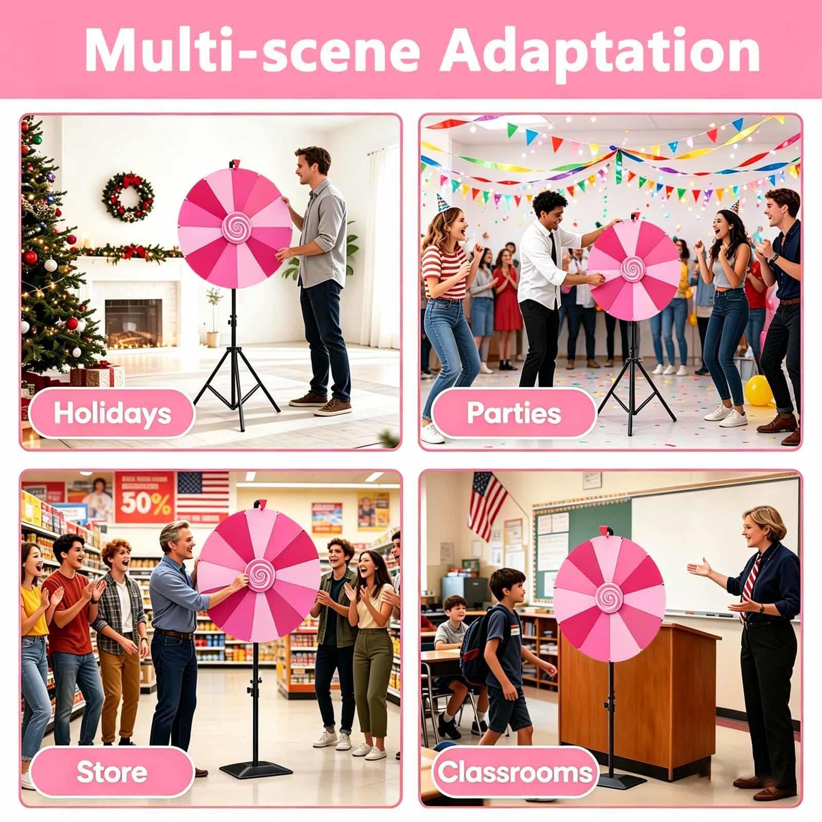 60cm Ruleta Giratoria Altura Ajustable 100-200cm, Ruleta Gigante con 14 Ranuras para Palabras Fiestas Carnaval,Pink