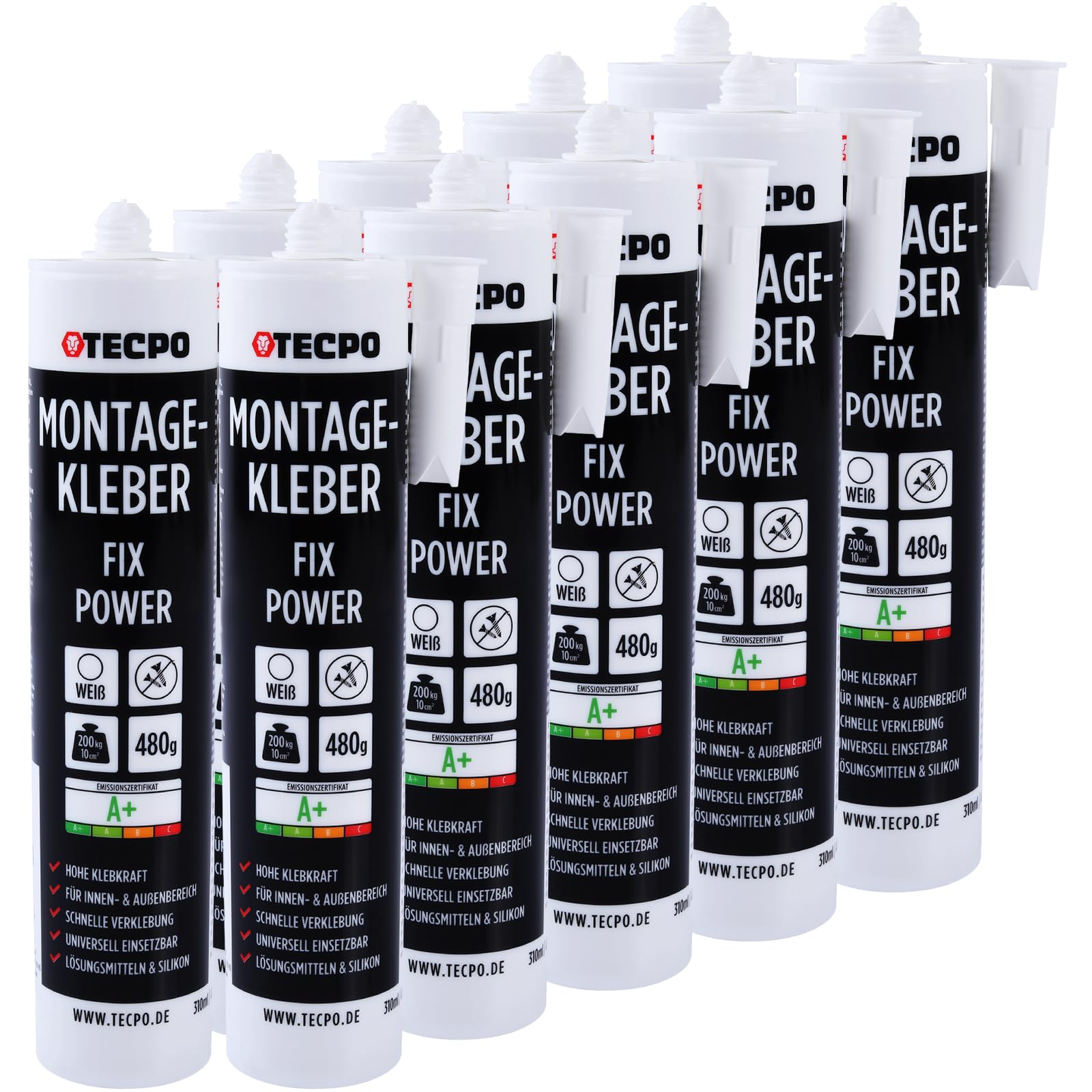 TECPO Montagekleber Fix Power 10x 480g Universal Baukleber Kraftkleber 200kg 10 cm² für Akustikpaneele Styropor Sockelleisten