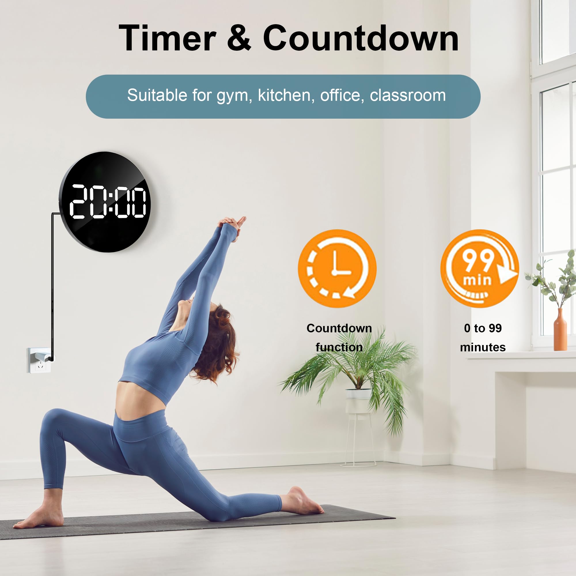 Lafocuse Reloj de Pared Digital con Grande Pantalla LED 25CM, Silencioso Relojes con Control Remoto, Temperatura, Fecha, 2 Alarmas, Cuenta Atrás, Brillo Ajustable para Salon Cocina Oficina, Azul
